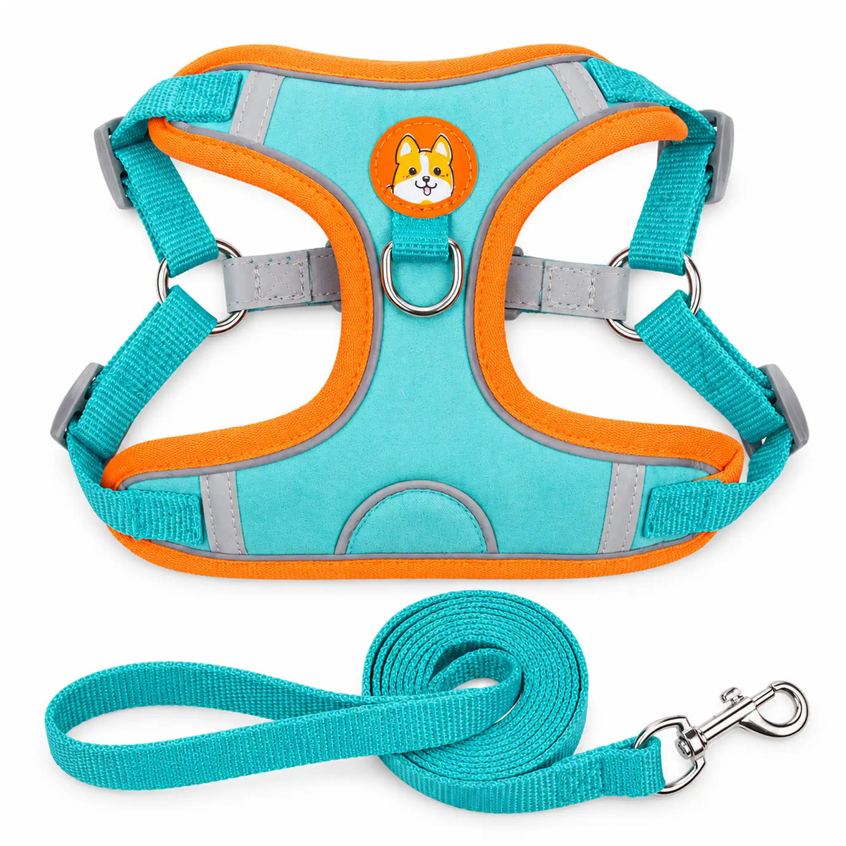 Lake Blue suede-like step-in dog harness with reflective trim, corgi patch and matching leash.
