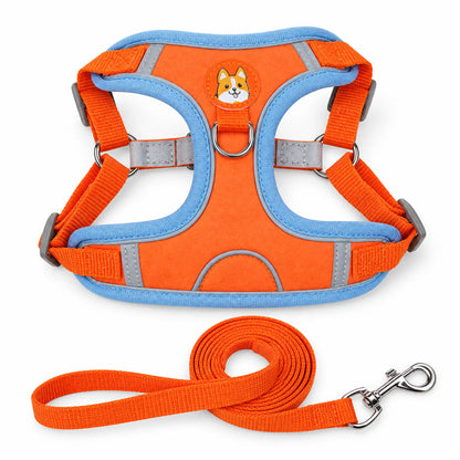 Orange suede-like step-in dog harness with reflective trim, corgi patch and matching leash.