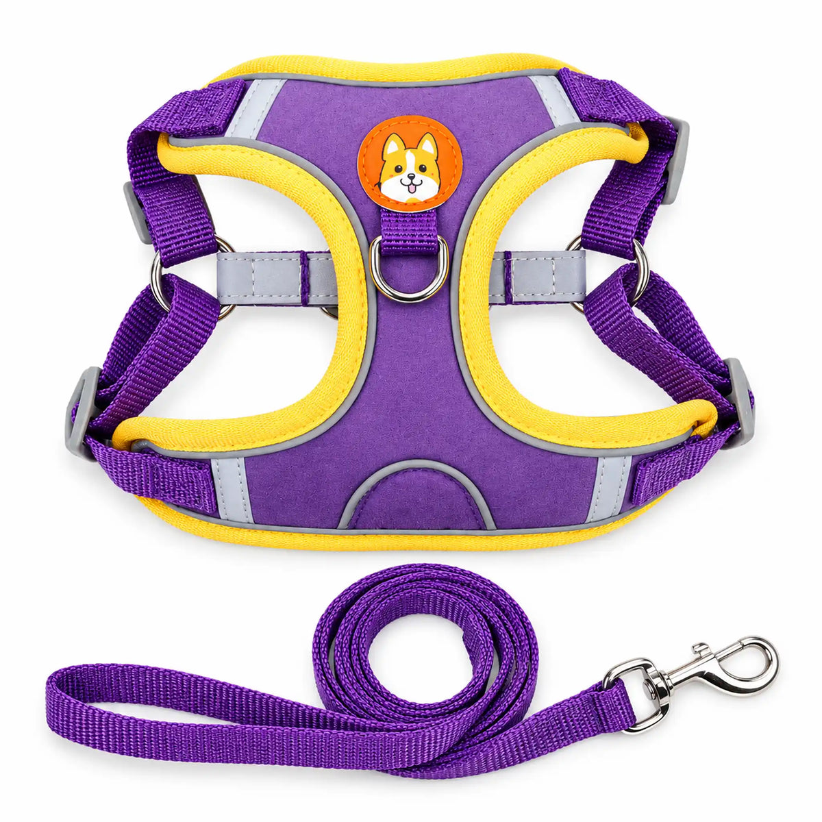Purple suede-like step-in dog harness with reflective trim, corgi patch and matching leash.