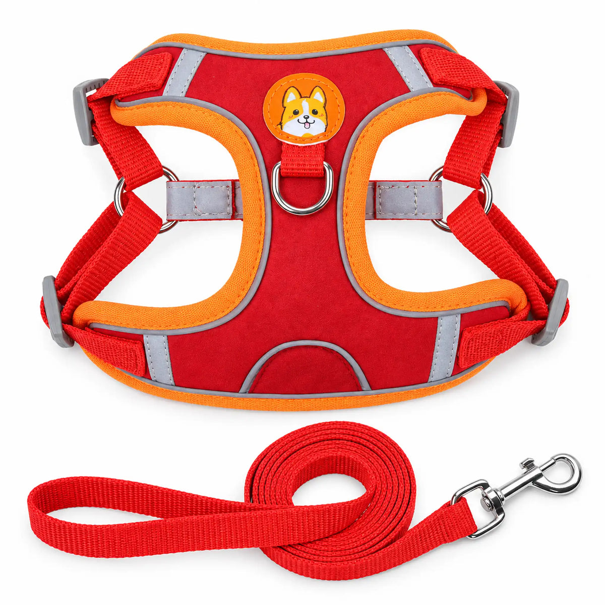 Red suede-like step-in dog harness with reflective trim, corgi patch and matching leash.