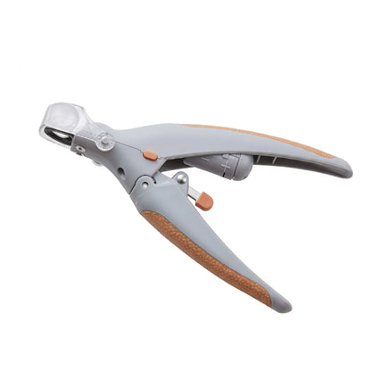 Gray and orange LED pet nail clippers with clear nail trapper and textured grip on white background.