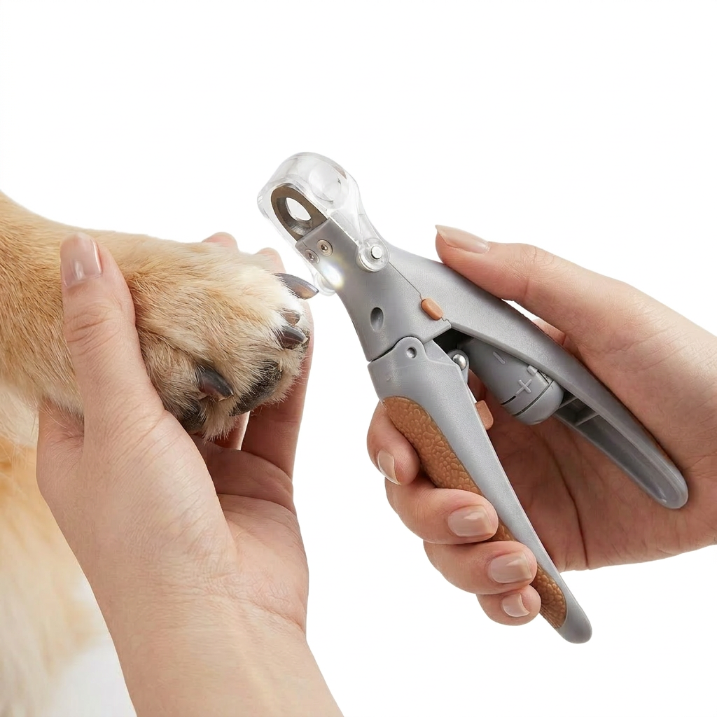Hands using gray LED pet nail clippers on a dog paw with the cutting head light turned on.
