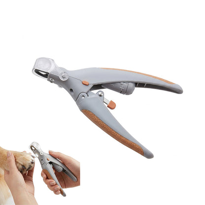Gray and orange LED pet nail clippers with clear magnifier, shown beside a dog paw trim example.