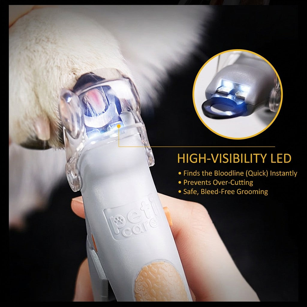 LED pet nail clippers illuminating a light-colored dog nail to help show the quick before trimming.