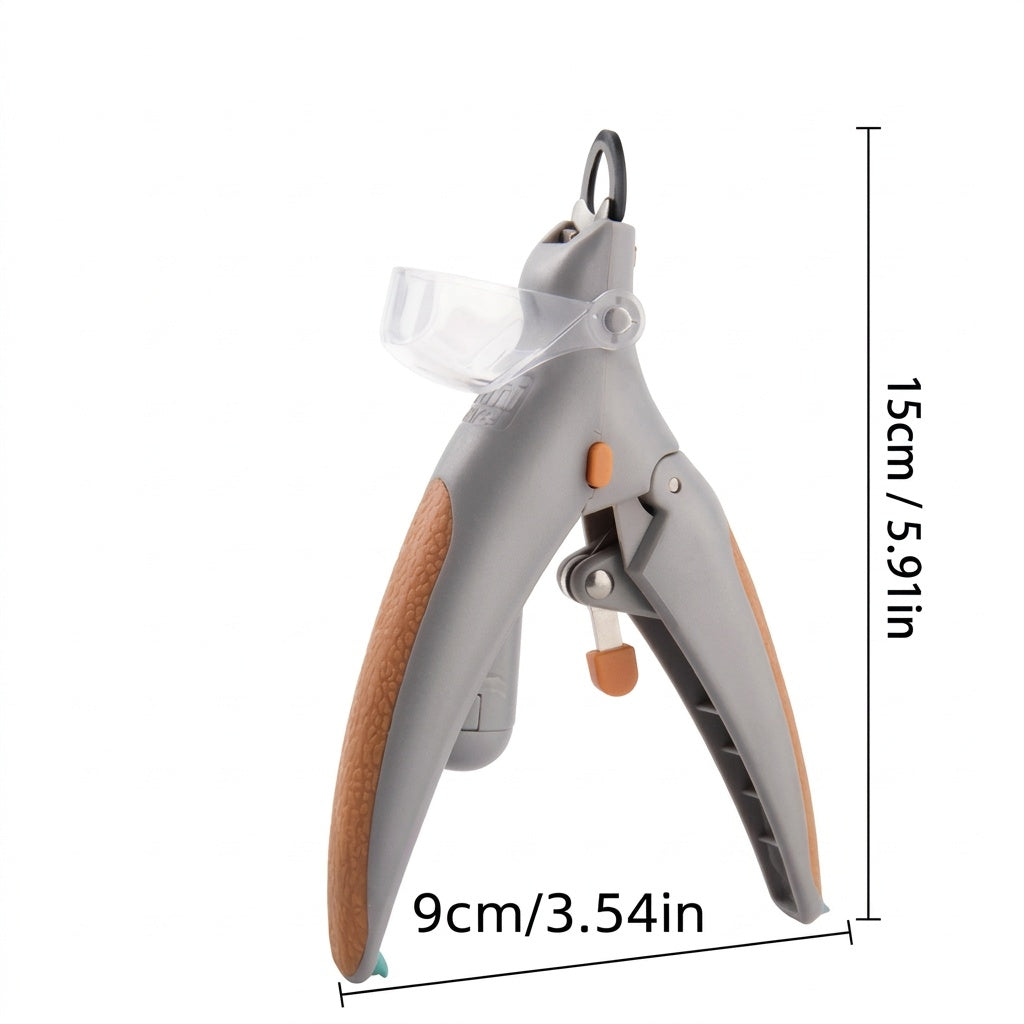 Size image of LED pet nail clippers showing 15cm length and 9cm width on white background.