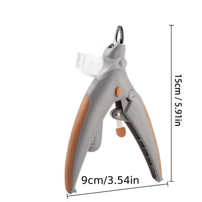 Size image of LED pet nail clippers showing 15cm length and 9cm width on white background.