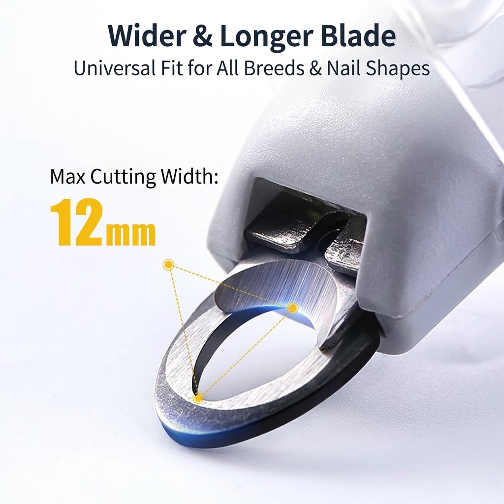 Close-up of 12mm stainless steel cutting blade on LED pet nail clippers with clear guard.