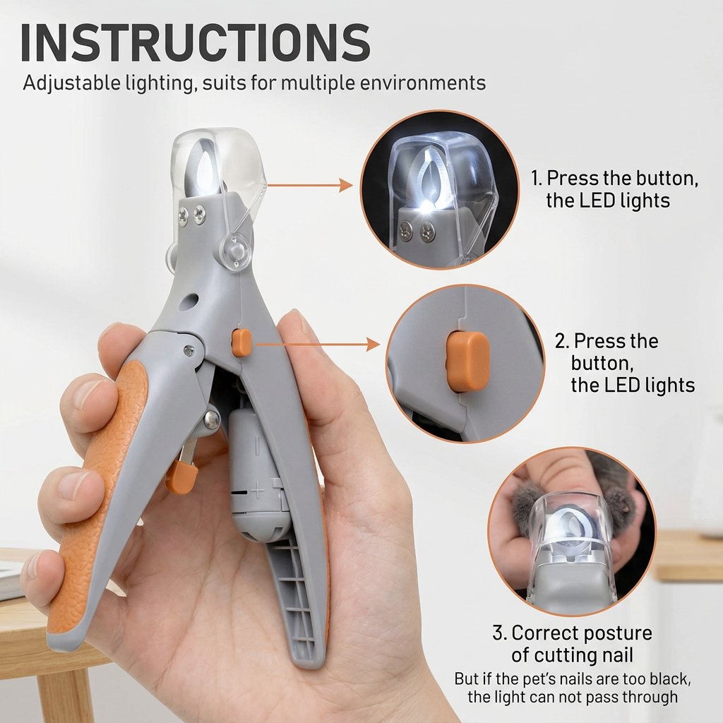 Instruction image showing LED light button, cutting position, and note that black nails may block the light.