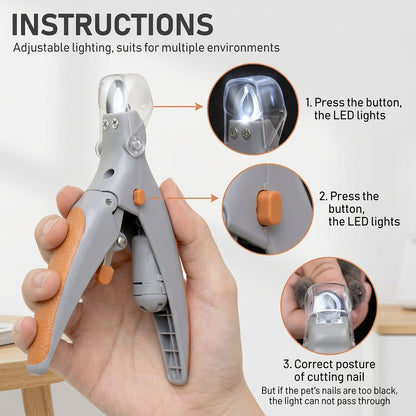 Instruction image showing LED light button, cutting position, and note that black nails may block the light.