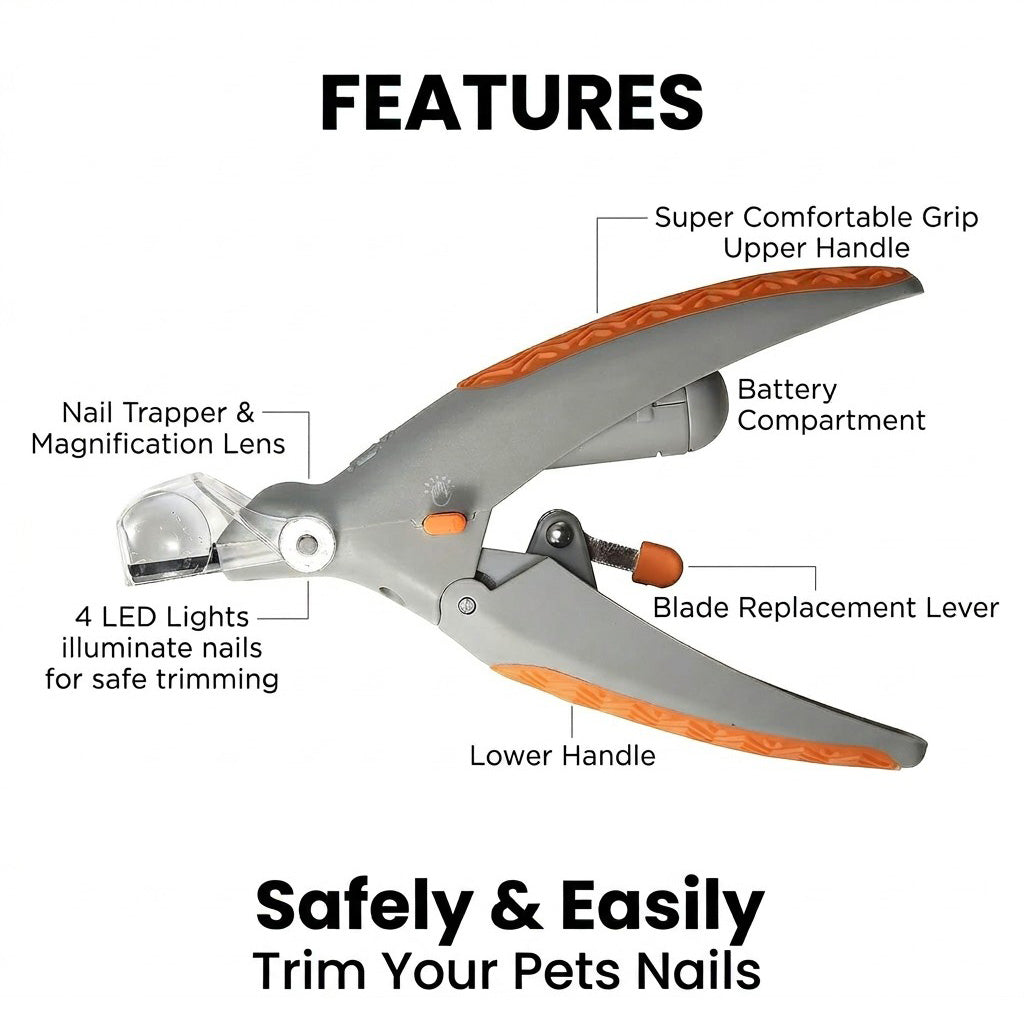 Feature diagram of LED pet nail clippers showing four lights, nail trapper, battery compartment, and grip.
