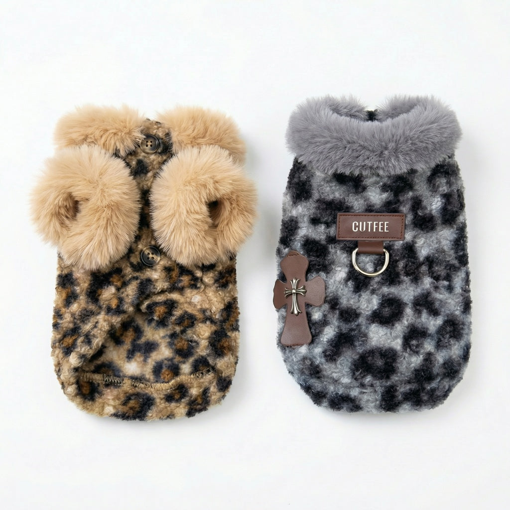 Two leopard fleece dog winter jackets on a white background, one tan and one gray, with plush faux-fur collars and leash ring.