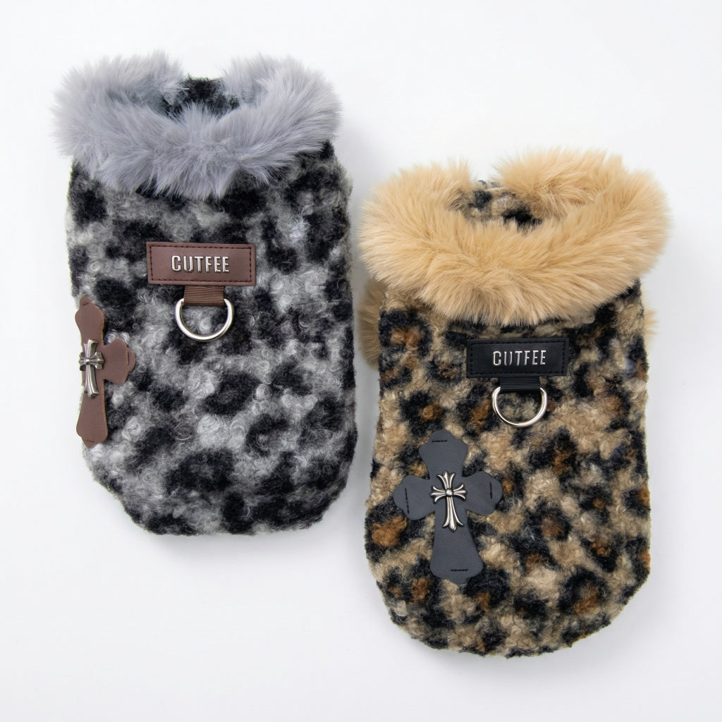 Two leopard fleece dog winter jackets on a white background, with faux fur hoods and built-in leash rings.