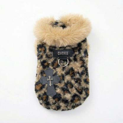 Leopard fleece dog winter jacket with tan faux-fur collar and built-in leash ring on a white background.