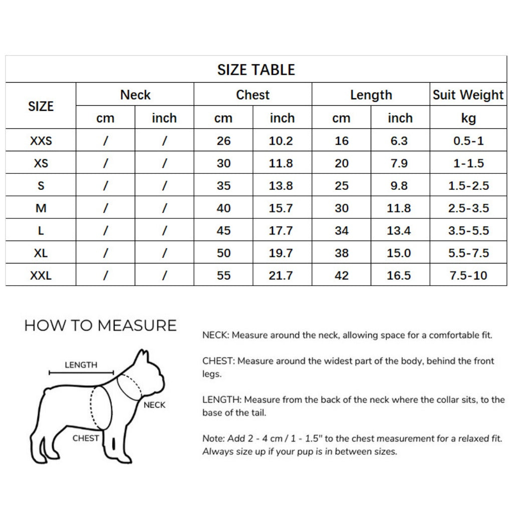 White-background size table and measuring guide for a leopard fleece dog winter jacket, with neck, chest, length, and weight ranges.