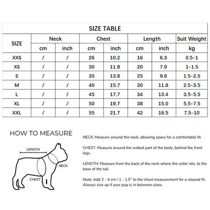 White-background size table and measuring guide for a leopard fleece dog winter jacket, with neck, chest, length, and weight ranges.