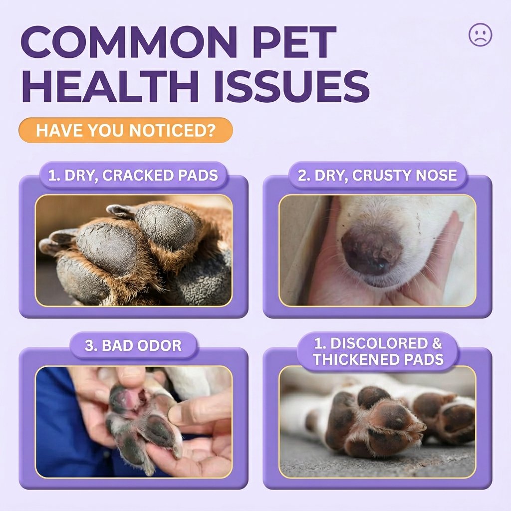 Infographic showing dry cracked paw pads, dry nose, odor concerns, and thickened paw pads.