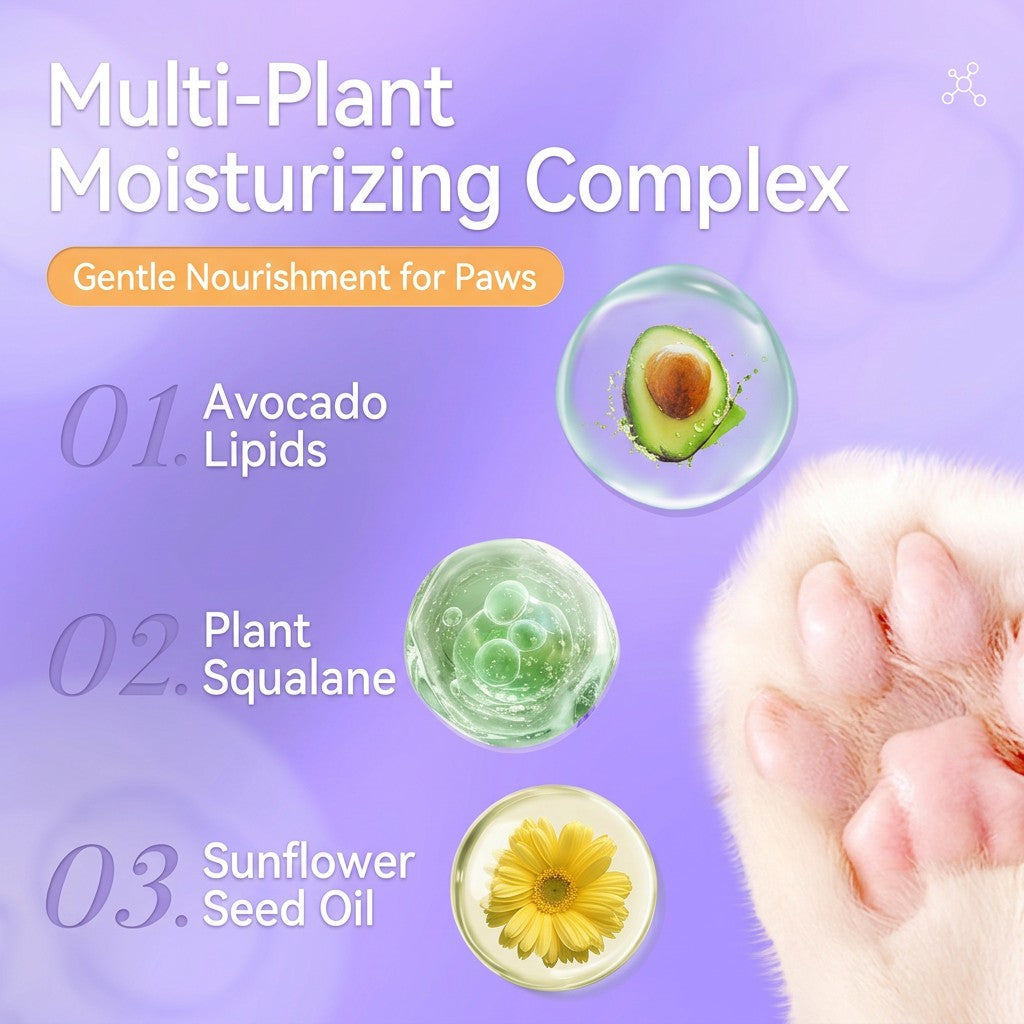 Multi-plant moisturizing complex graphic for avocado paw balm with avocado lipids, squalane, and sunflower oil.