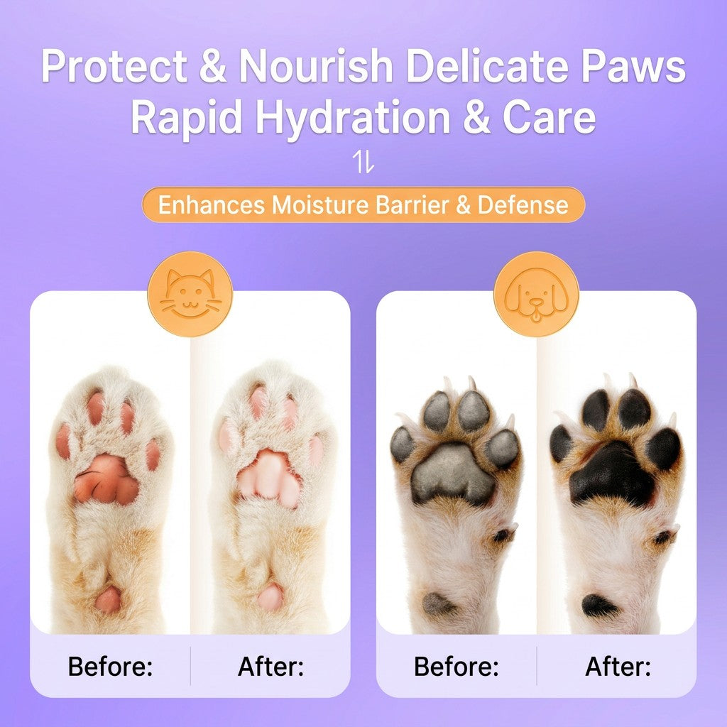 Before-and-after style paw care graphic for pet paw balm showing dog and cat paw pads.