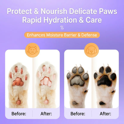 Before-and-after style paw care graphic for pet paw balm showing dog and cat paw pads.