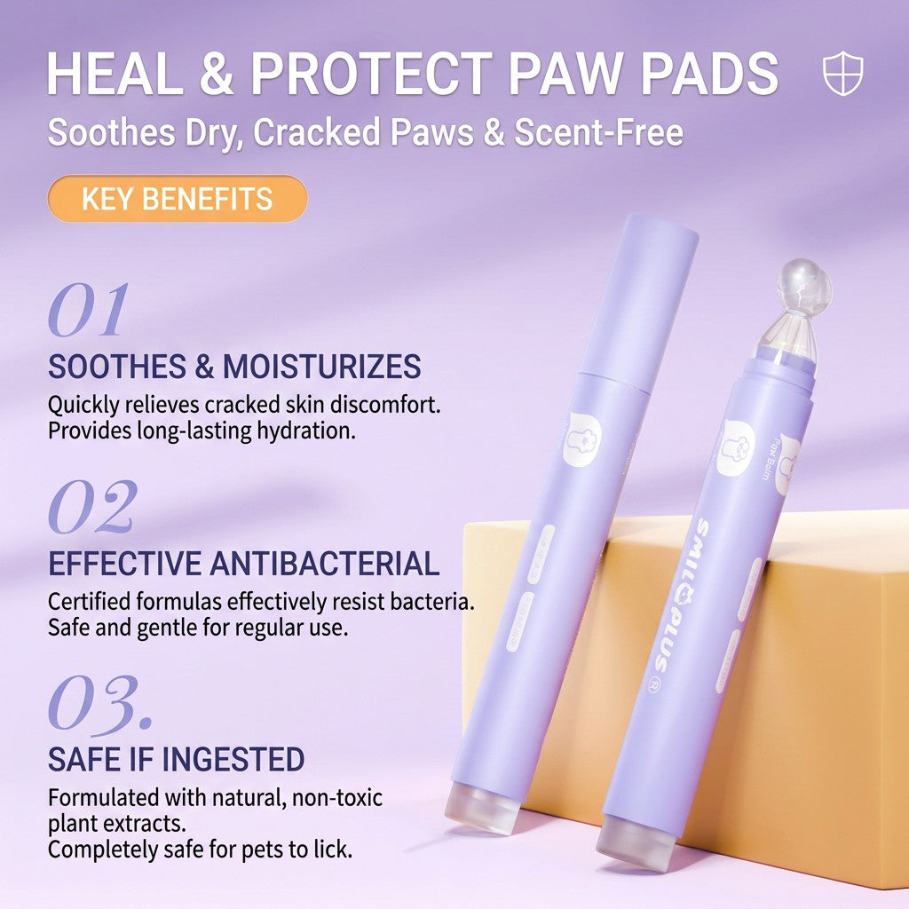 Lavender avocado paw balm roller infographic showing moisturizing benefits and regular-use notes.