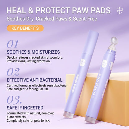 Lavender avocado paw balm roller infographic showing moisturizing benefits and regular-use notes.