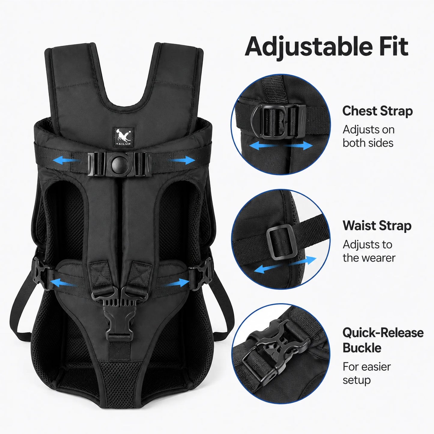 Adjustable fit details for front-facing pet carrier straps and buckles