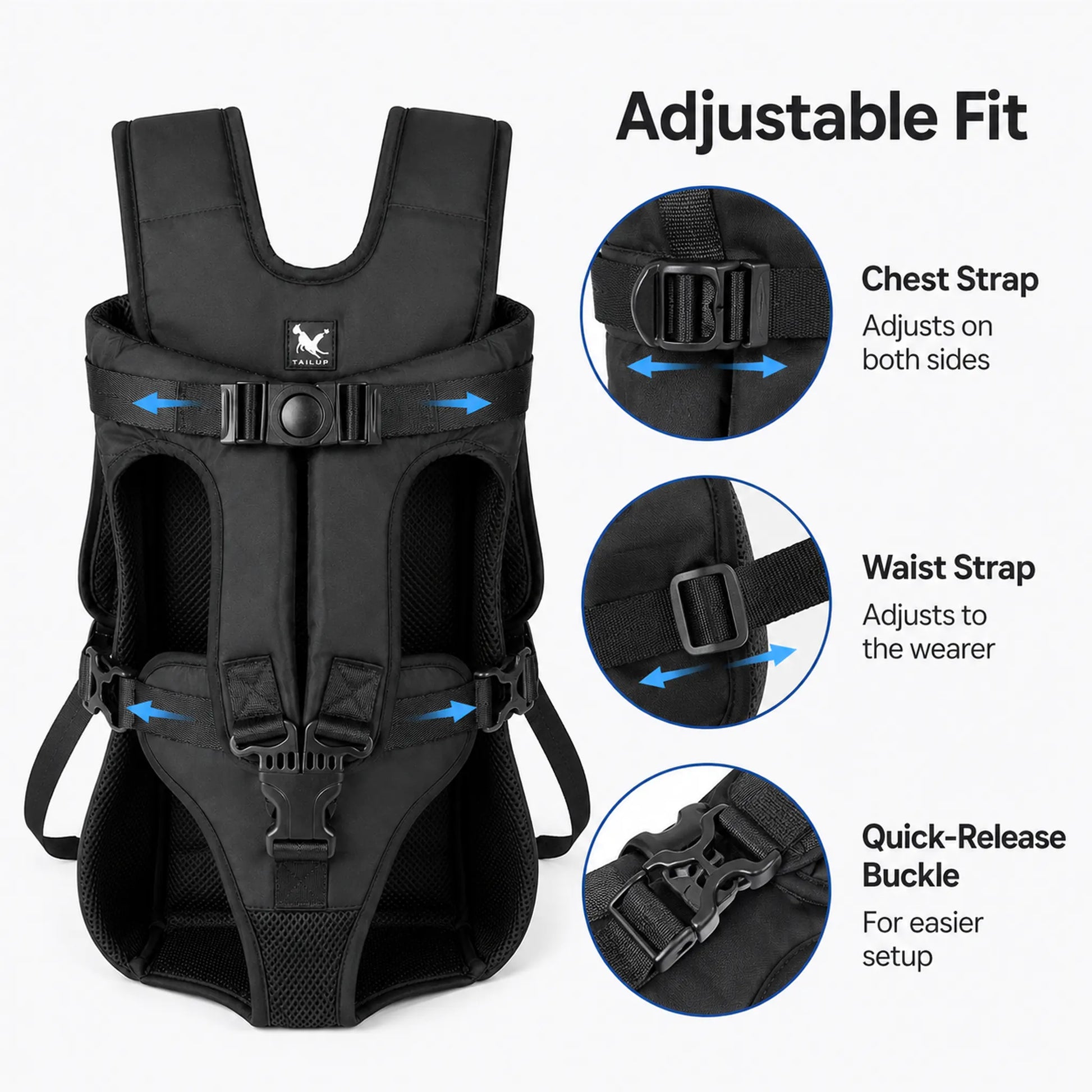 Adjustable fit details for front-facing pet carrier straps and buckles