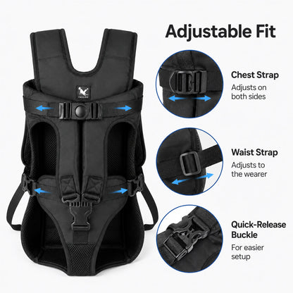 Adjustable fit details for front-facing pet carrier straps and buckles