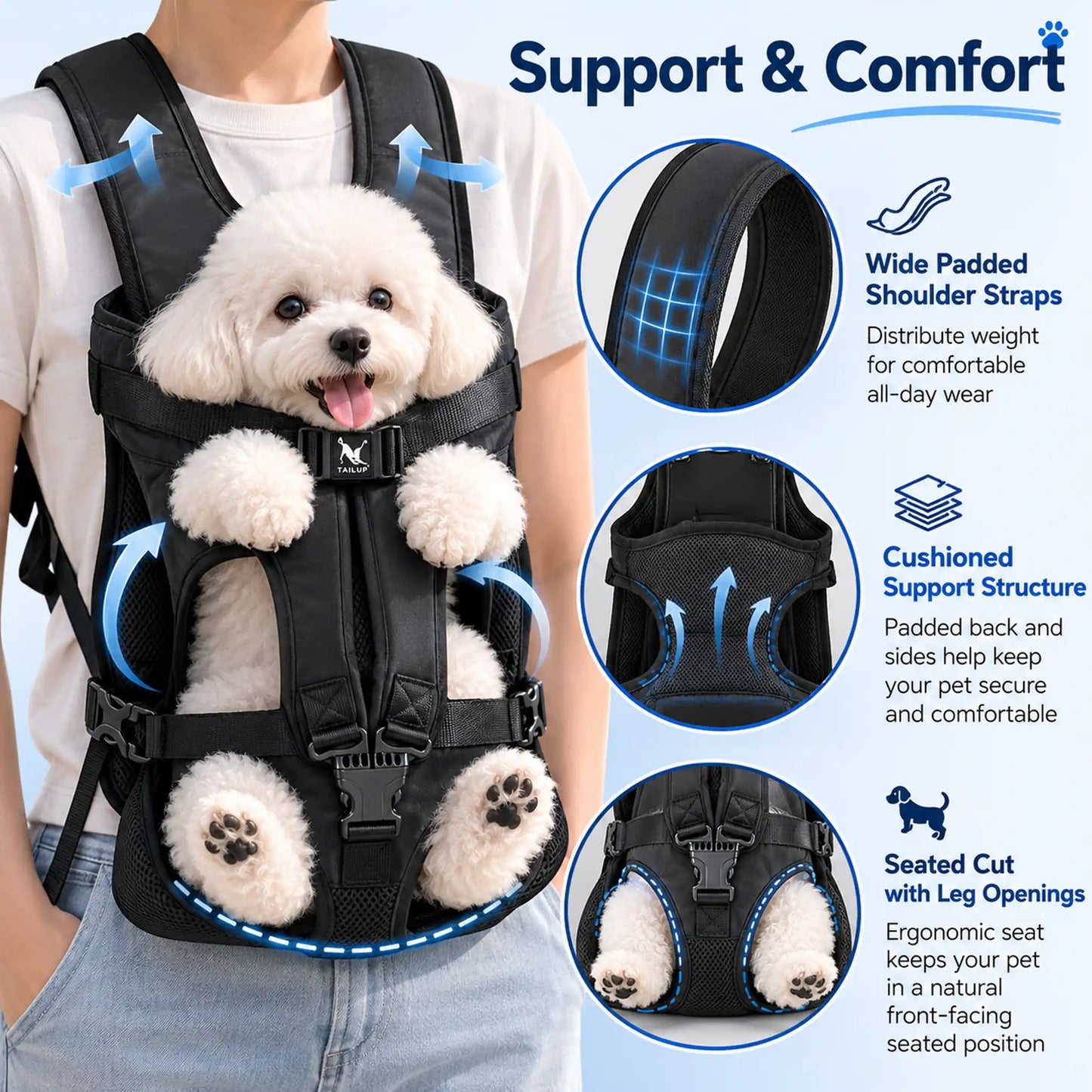 Support and comfort features of front-facing pet carrier with seated cut