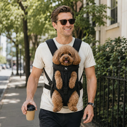 Outdoor walk with black front-facing pet carrier and small brown poodle