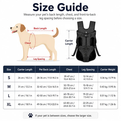 Size guide for front-facing pet carrier with S M L and XL measurements