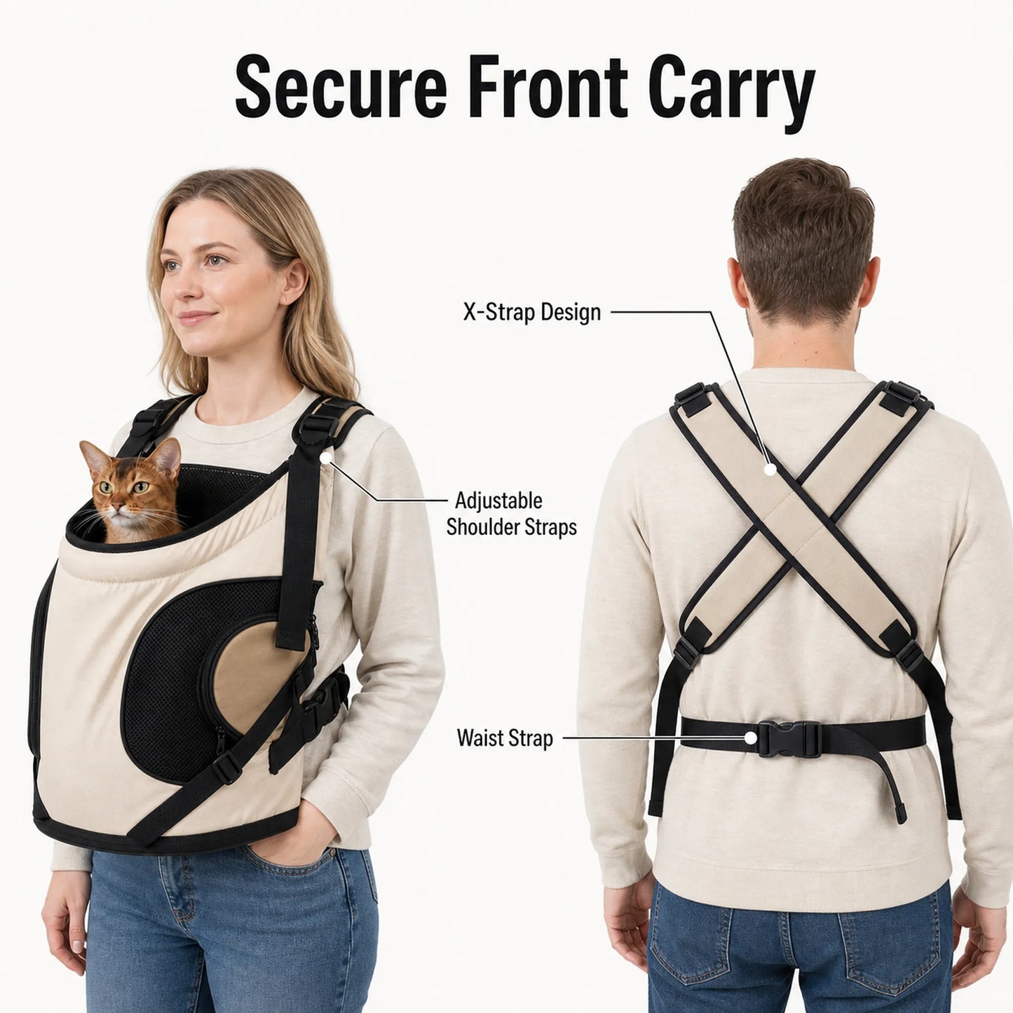 Front pet carrier showing crossed shoulder straps and waist strap