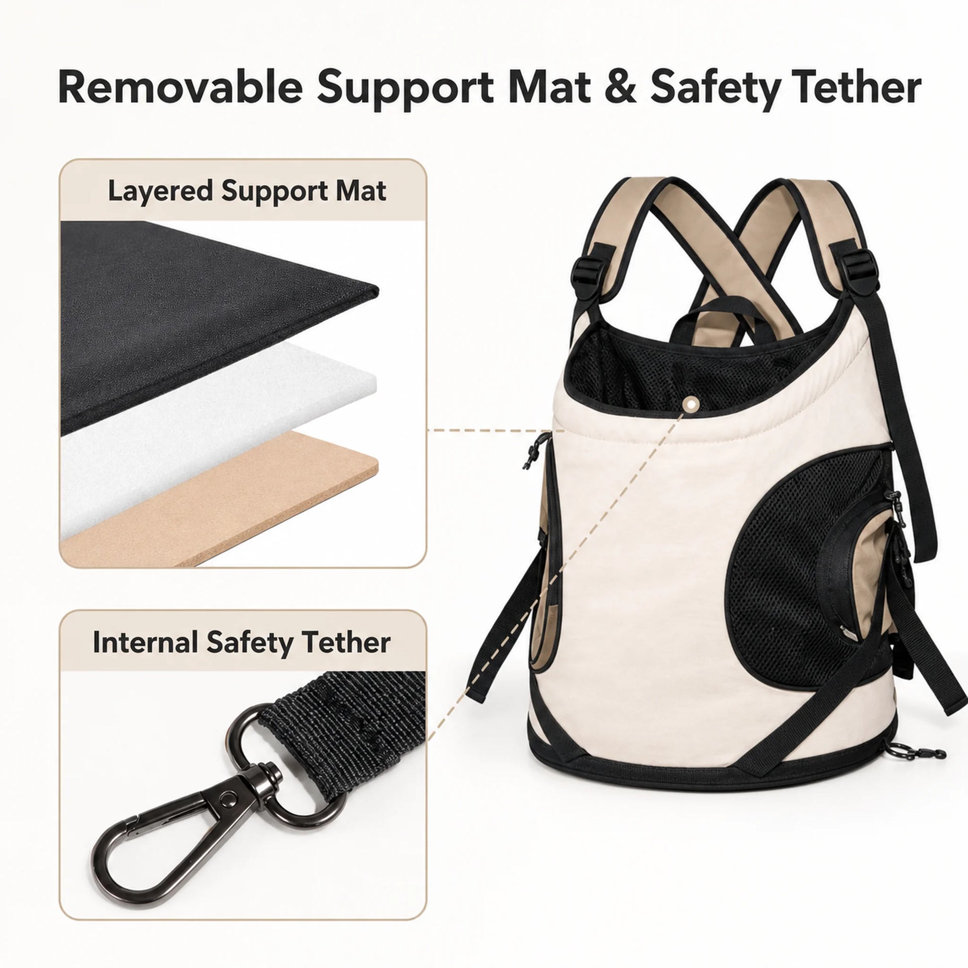Pet carrier removable support mat and internal safety tether