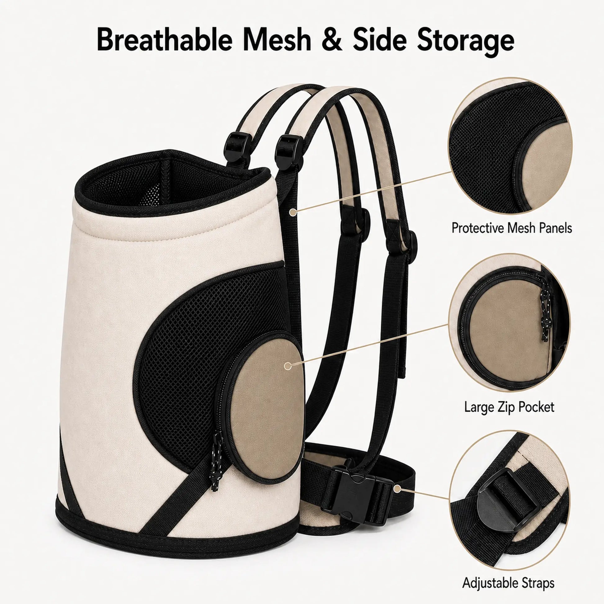 Cream pet carrier with breathable mesh and round side zip pocket