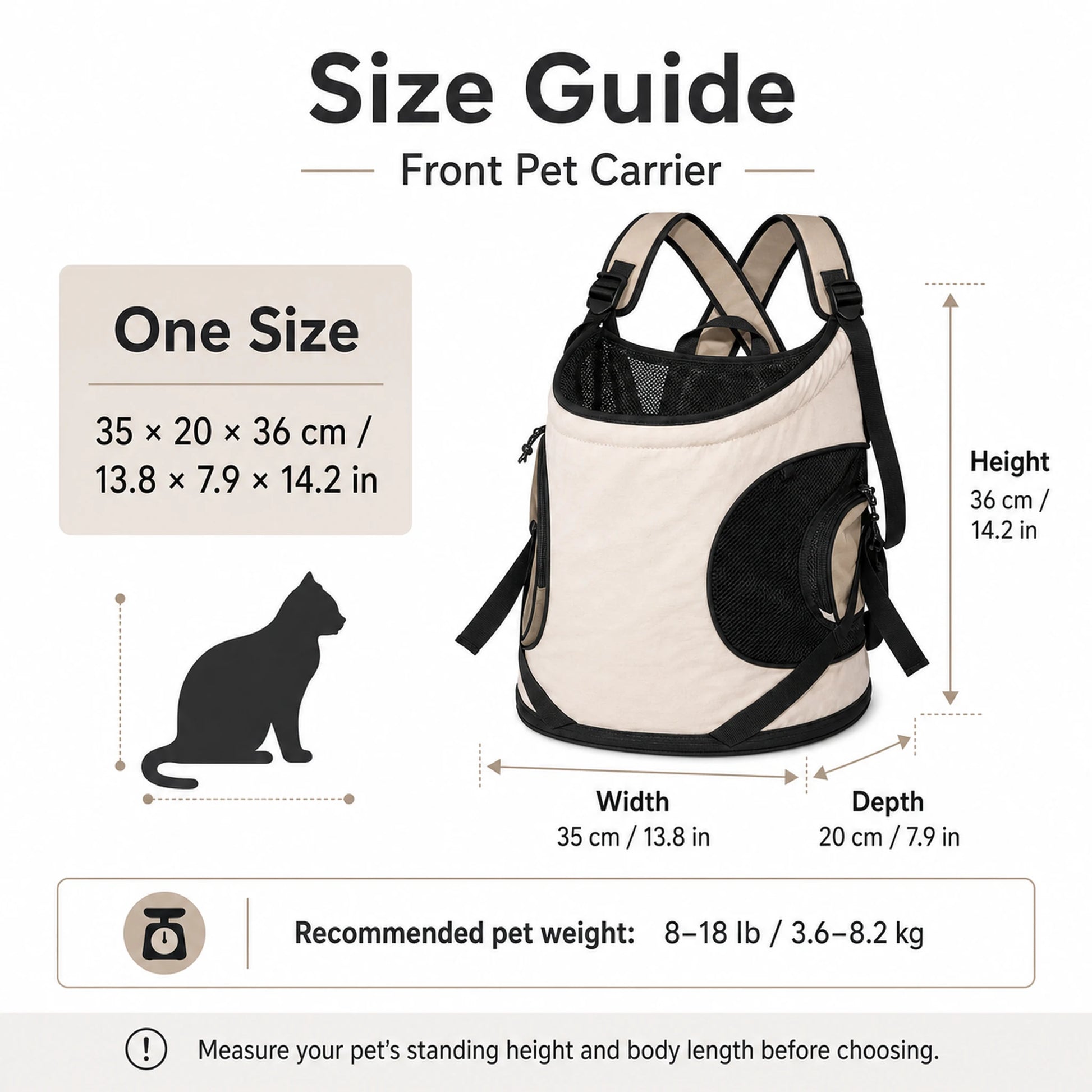 Front pet carrier size guide for pets weighing 8 to 18 pounds