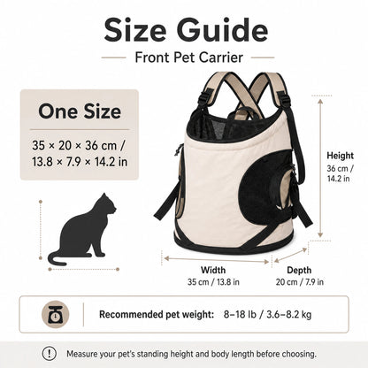 Front pet carrier size guide for pets weighing 8 to 18 pounds