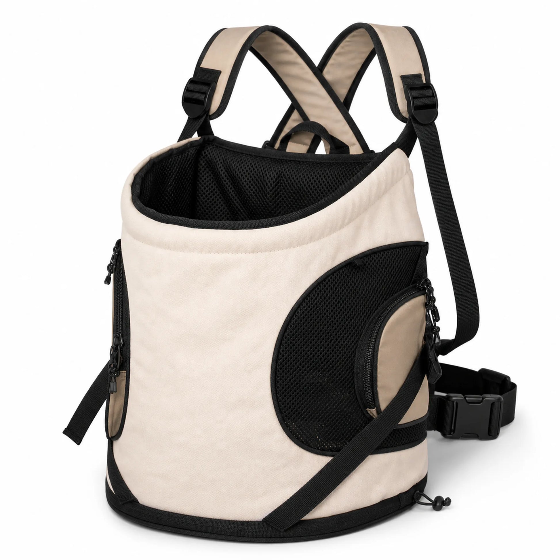 Cream X-strap front pet carrier on a white background