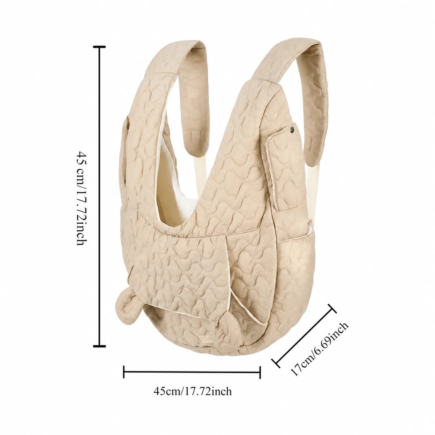 Khaki quilted front pet carrier with overall dimensions of 45 by 45 by 17 cm