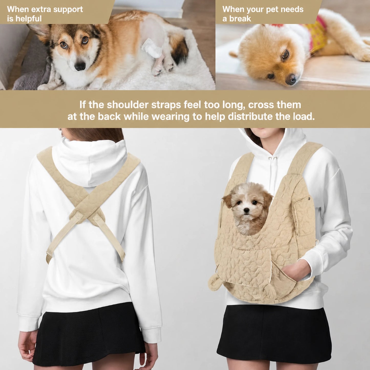 Instructions for wearing the quilted front pet carrier with straps crossed at the back