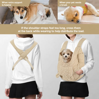 Instructions for wearing the quilted front pet carrier with straps crossed at the back