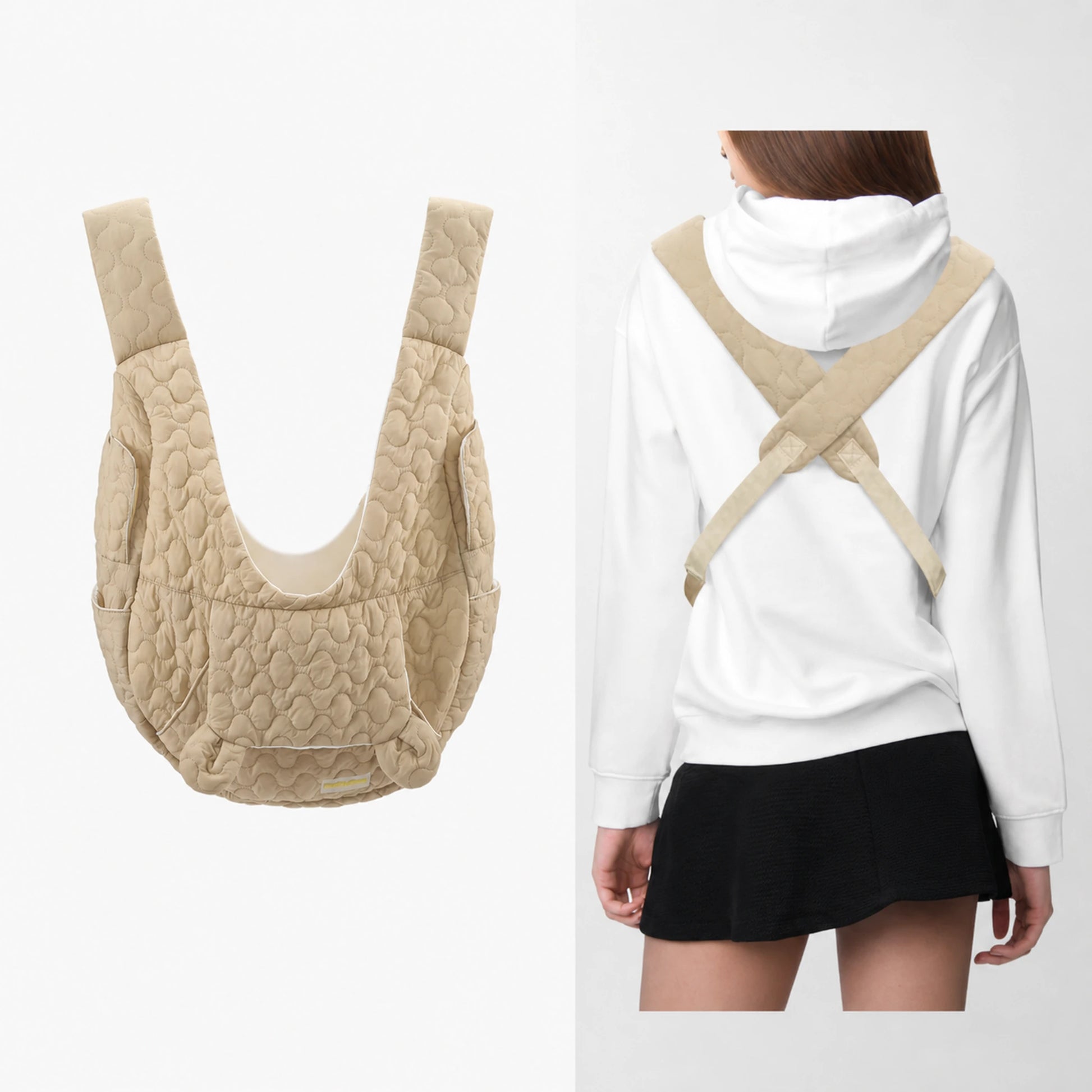 Khaki quilted front pet carrier with crossed back straps, side pockets and safety tether detail