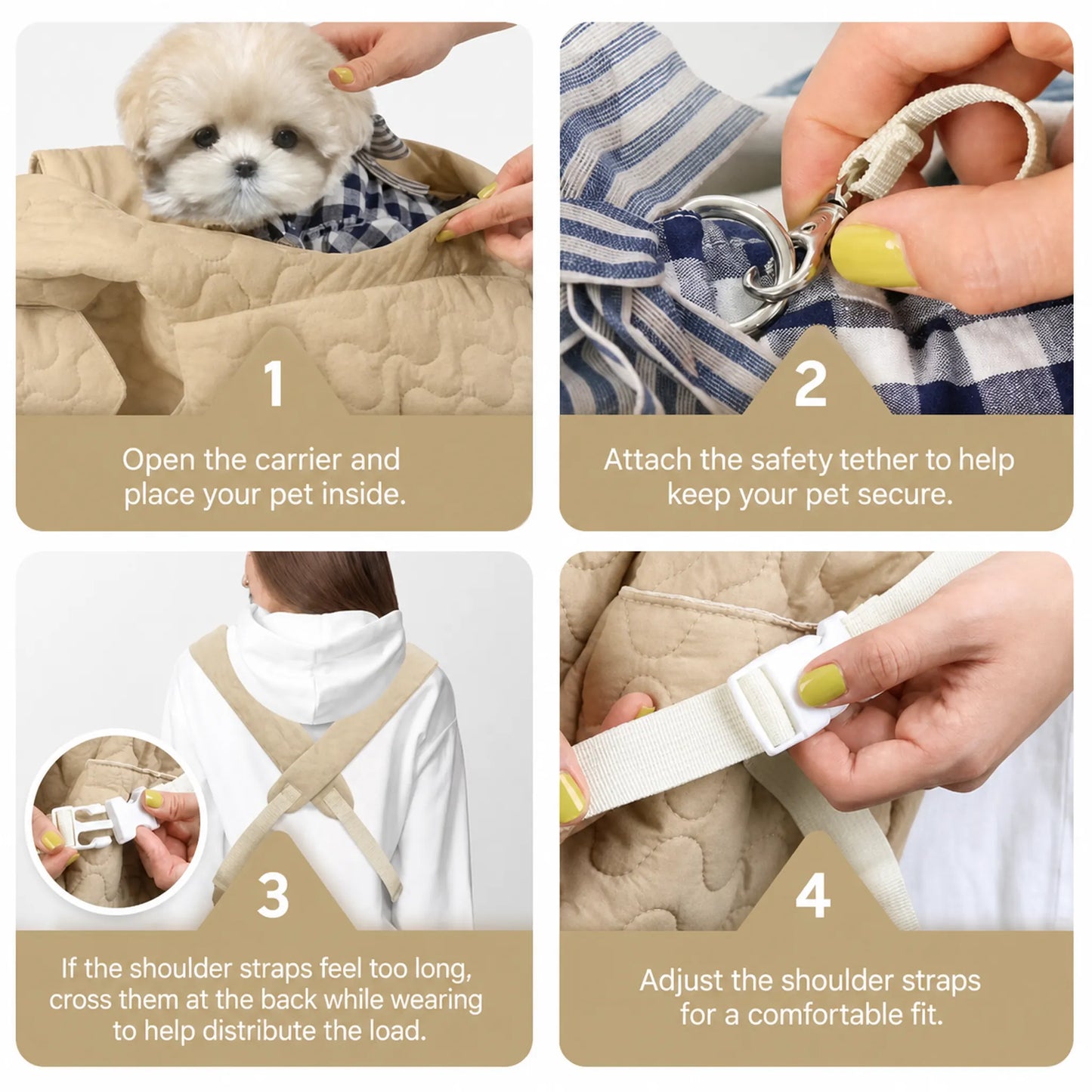 Four-step guide to securing a pet in the quilted front carrier