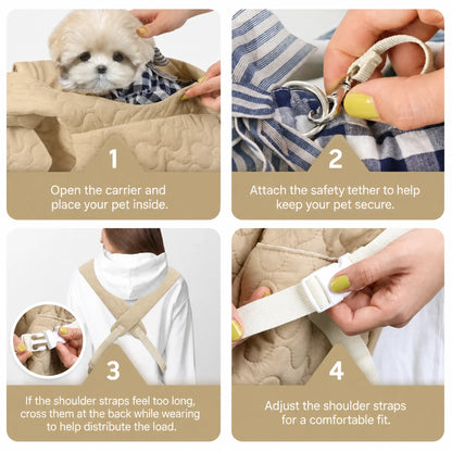 Four-step guide to securing a pet in the quilted front carrier