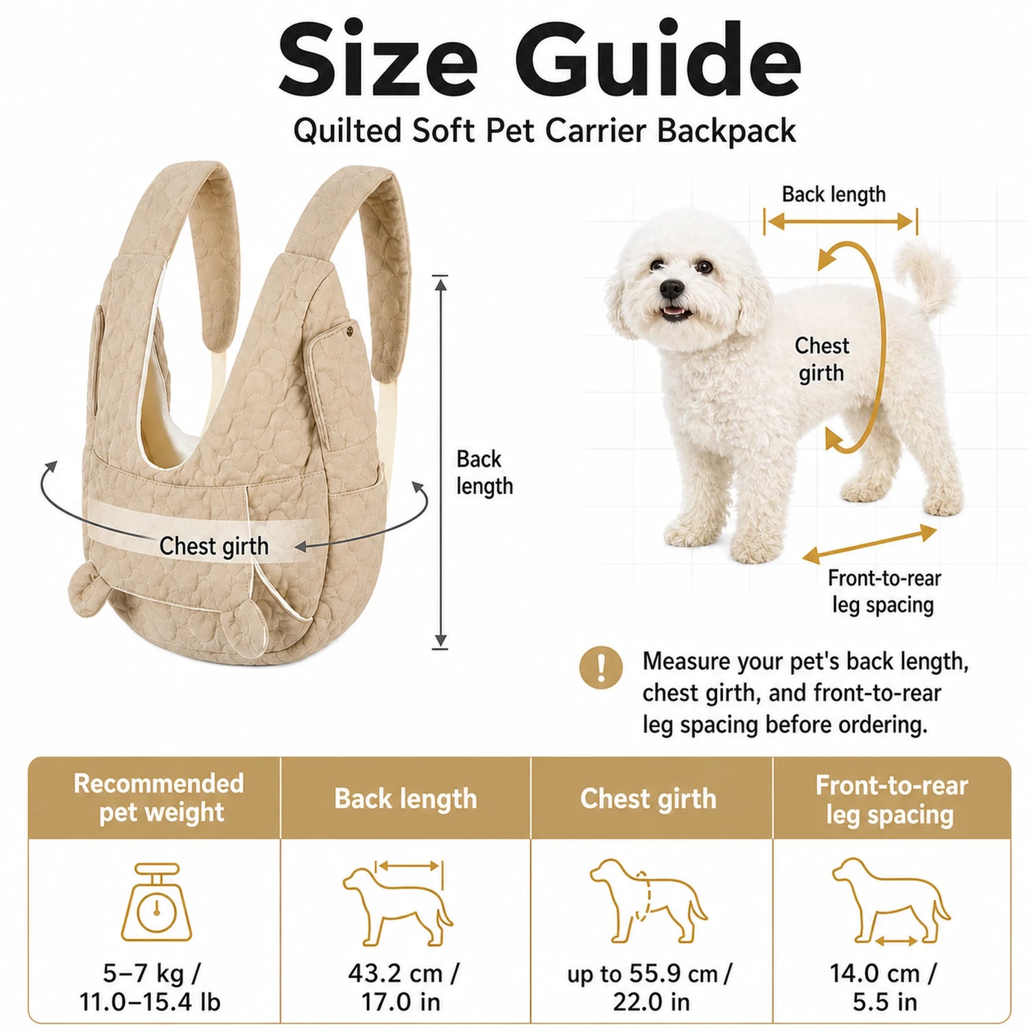 Size guide for the quilted front pet carrier, showing 5 to 7 kg pet fit