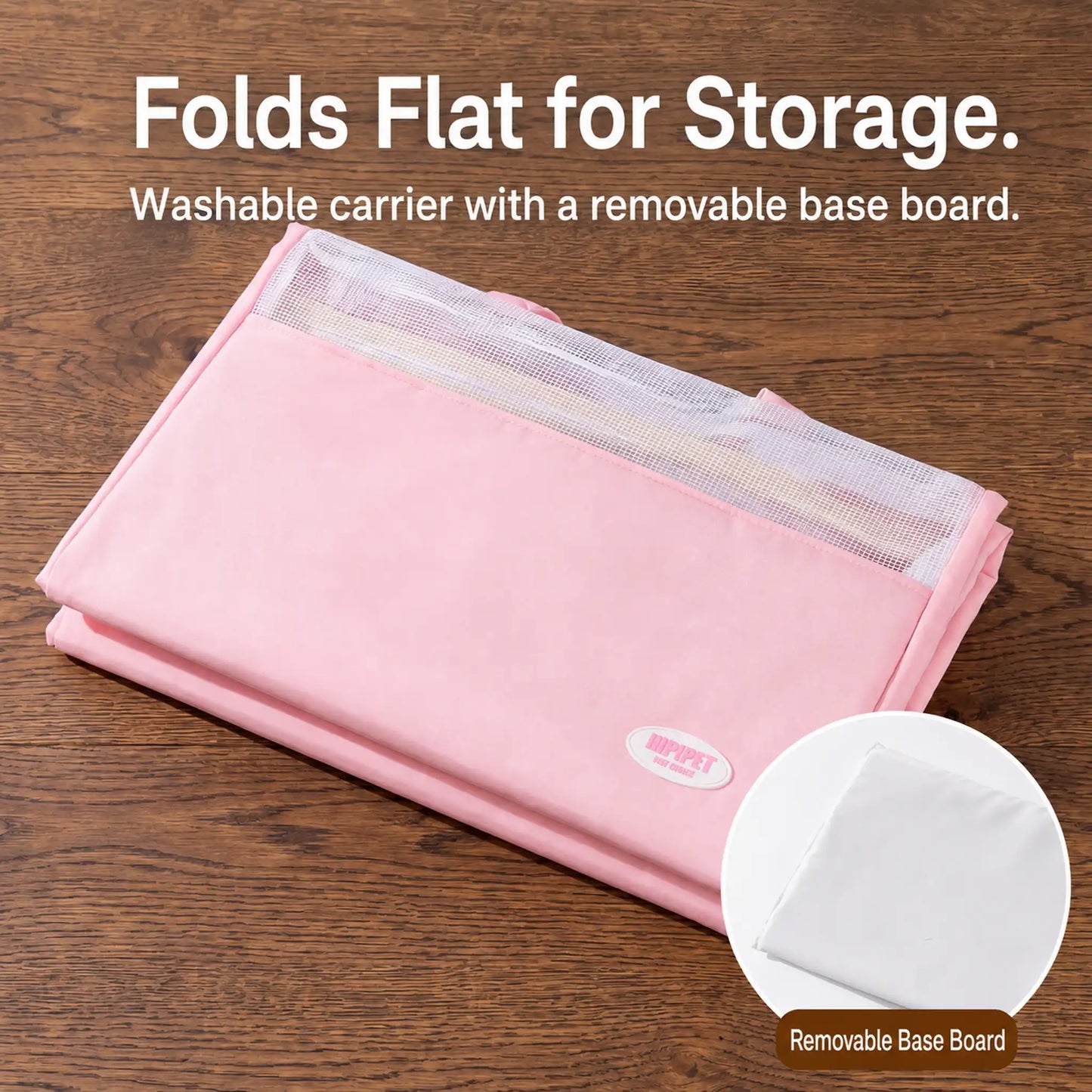 Blush Pink canvas pet carrier folded flat with removable base board