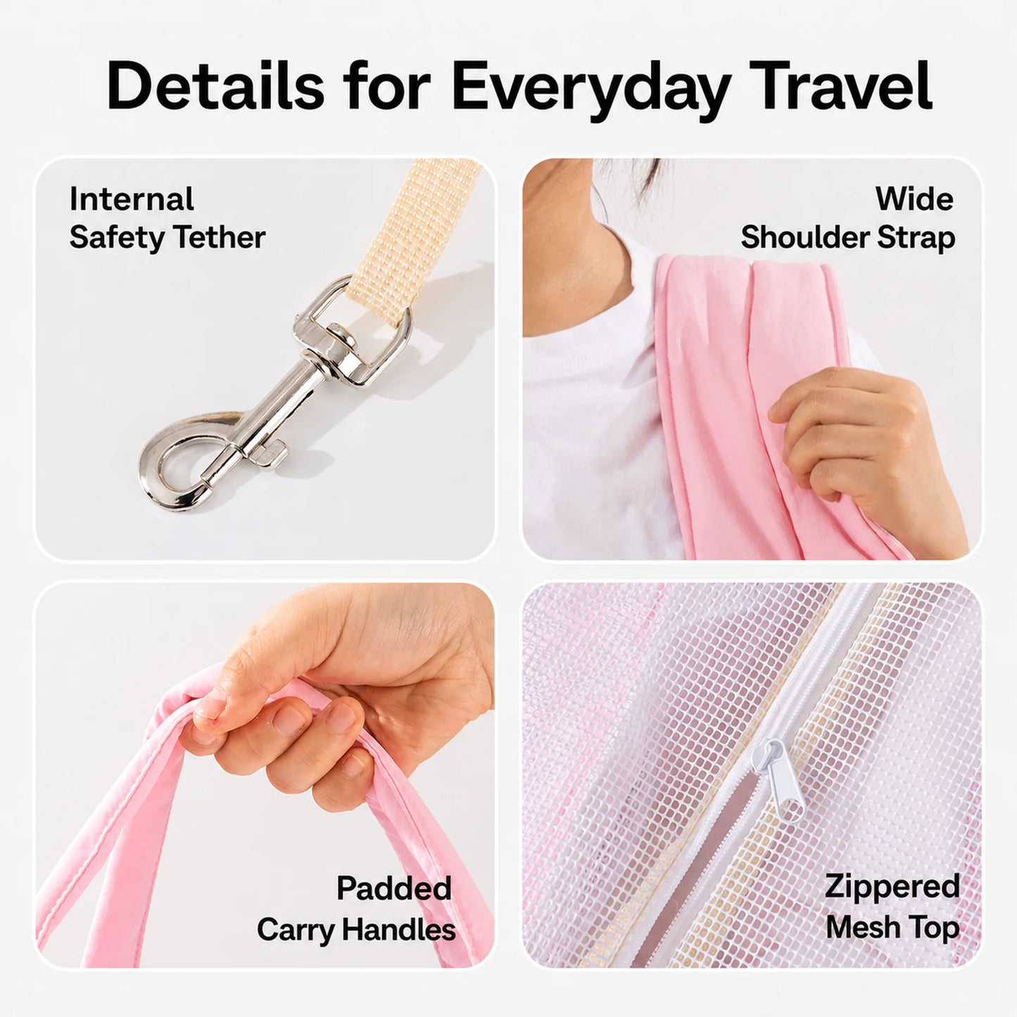 Internal safety tether, wide shoulder strap, padded handles and zippered mesh top details