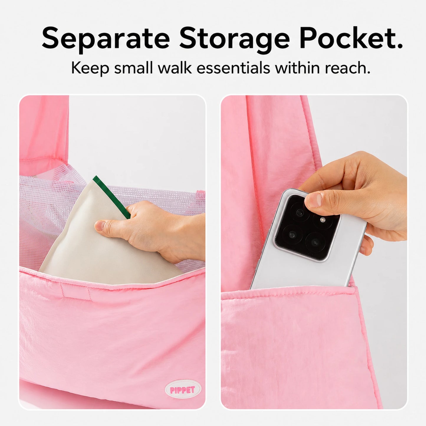 Separate storage pocket on the Blush Pink canvas pet carrier holding a treat pouch and phone