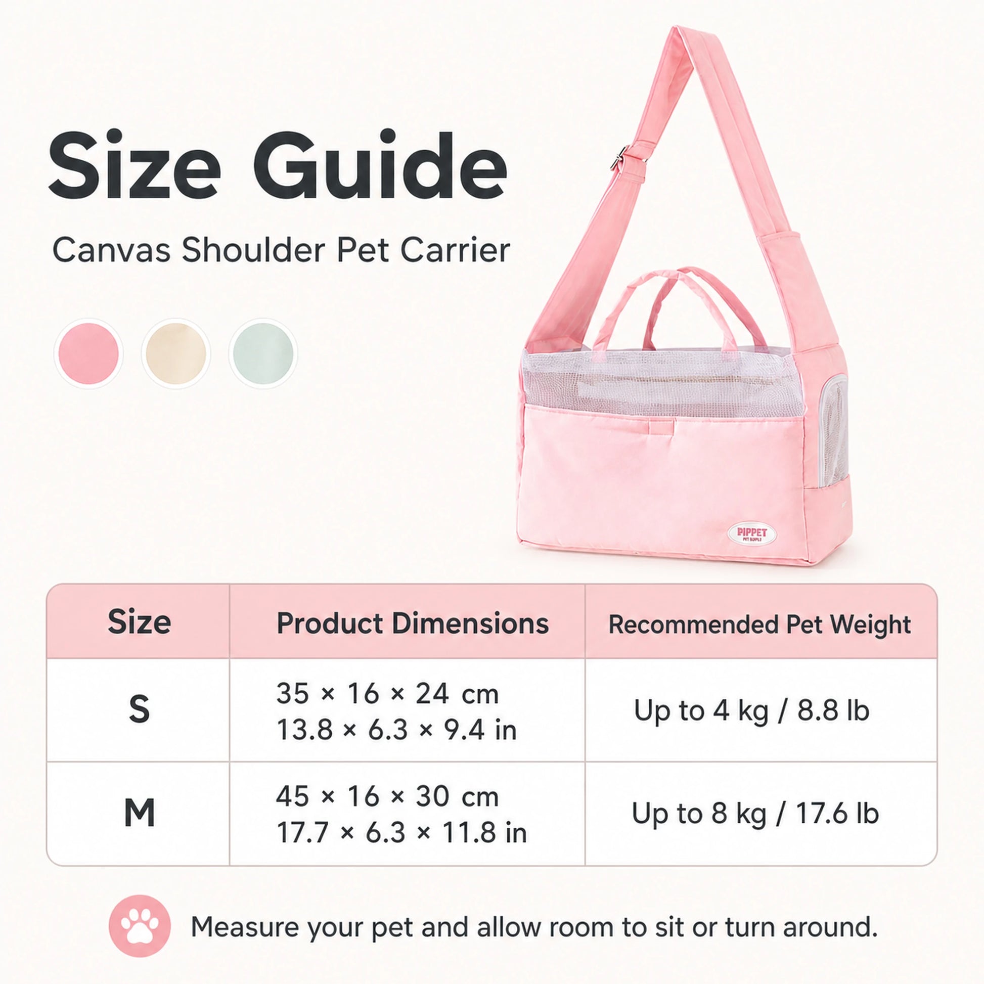 Size guide for canvas shoulder pet carrier showing S and M dimensions and recommended pet weights