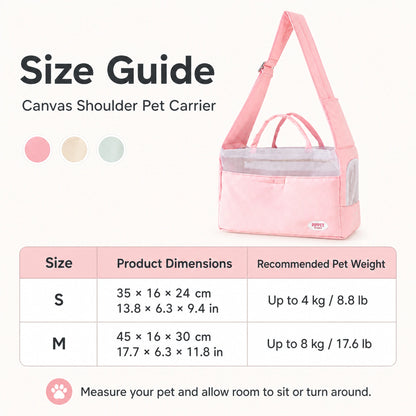 Size guide for canvas shoulder pet carrier showing S and M dimensions and recommended pet weights
