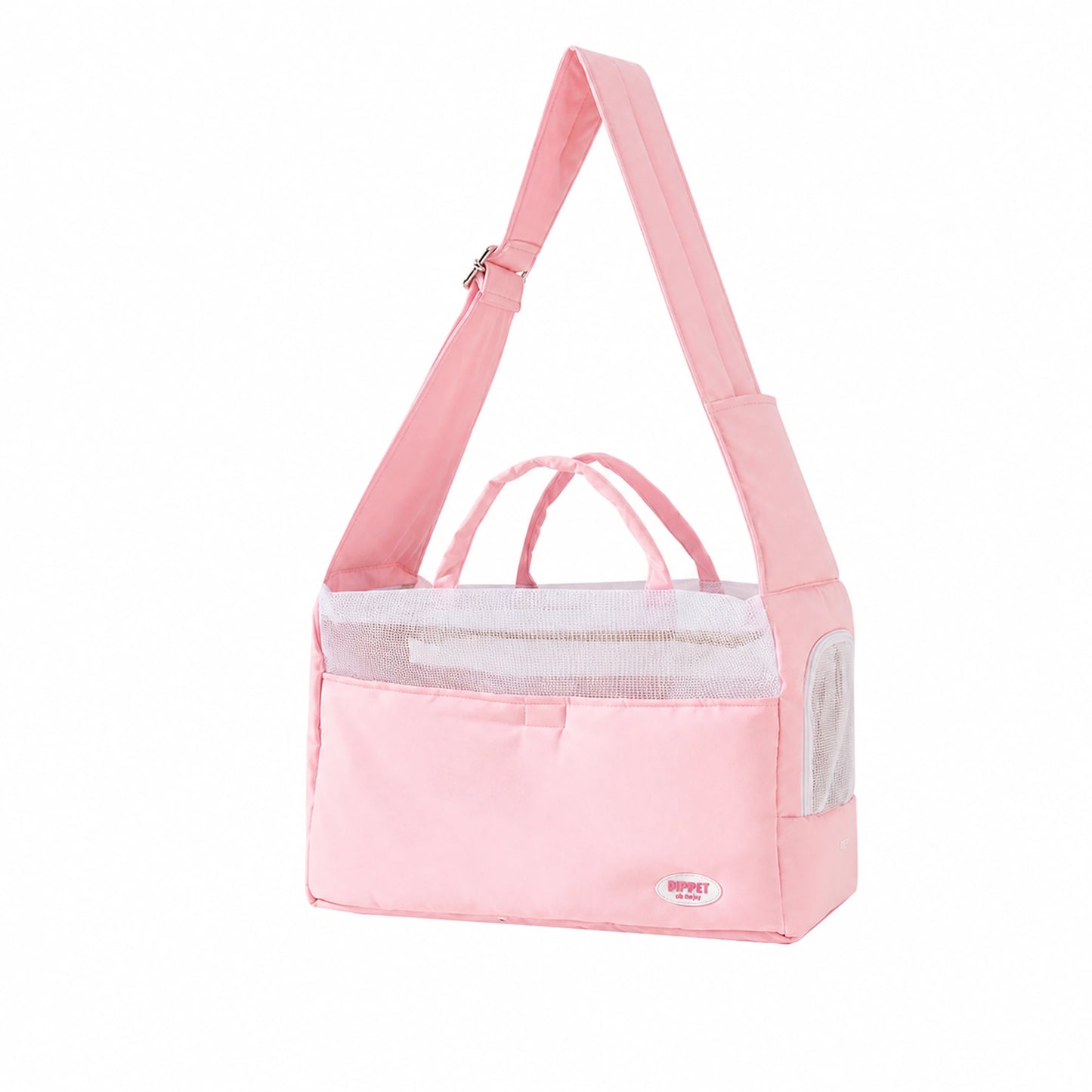 Blush Pink canvas shoulder pet carrier with mesh panels, padded strap and carry handles